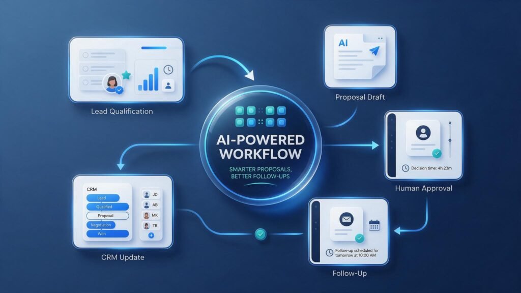 AI workflow for freelance proposals, human approval, follow-ups, and CRM updates.