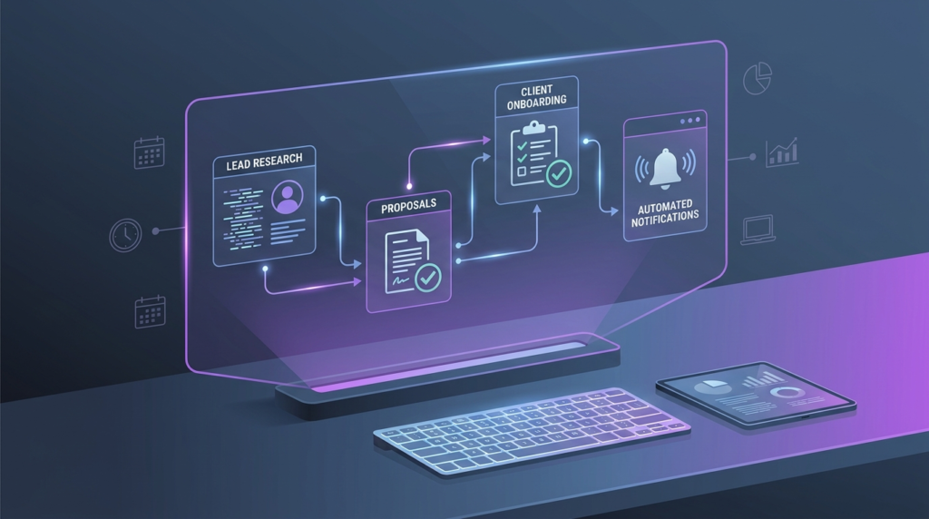 A futuristic holographic web interface displaying 10 connected AI workflows for freelancers, including lead research, proposals, client onboarding, and automated admin tasks on a dark slate blue background.