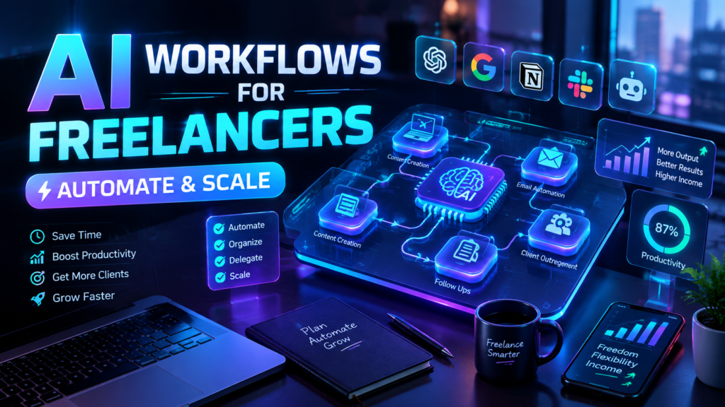 Comprehensive visual flowchart illustrating AI workflows for freelancers, featuring automated lead capture, CRM integration, proposal generation, and client onboarding systems for solopreneurs.