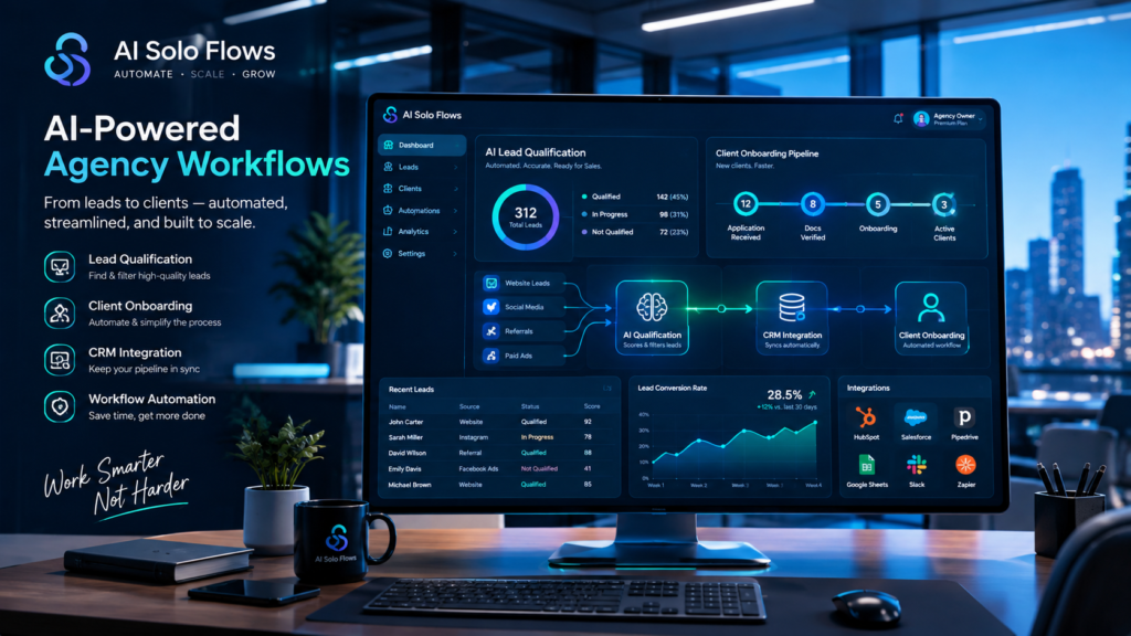 Futuristic digital dashboard displaying automated AI workflows for marketing agencies including lead qualification, client onboarding, and CRM synchronization.