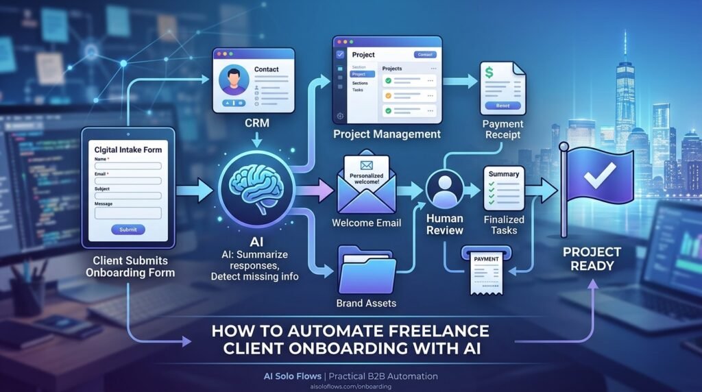 Infographic showing an automated freelance client onboarding workflow with an AI layer, intake forms, and human review.