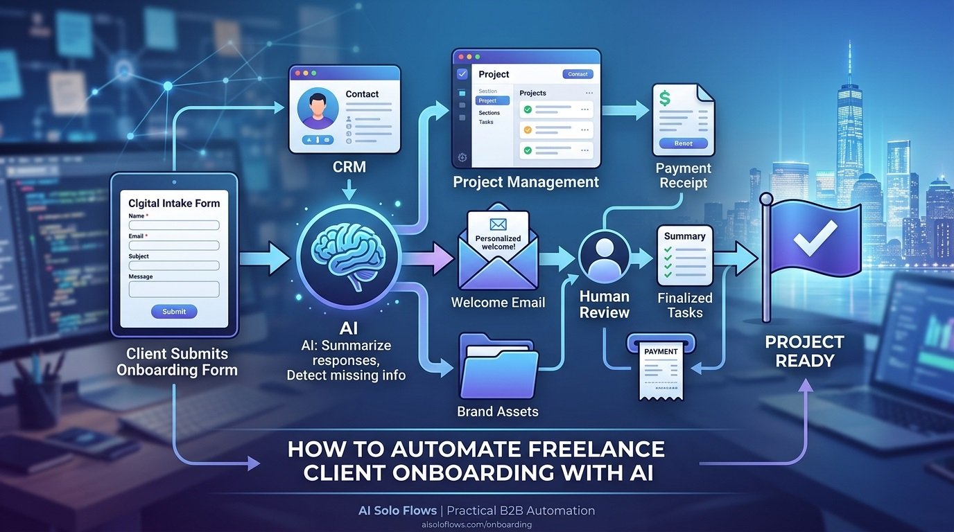 Infographic showing an automated freelance client onboarding workflow with an AI layer, intake forms, and human review.