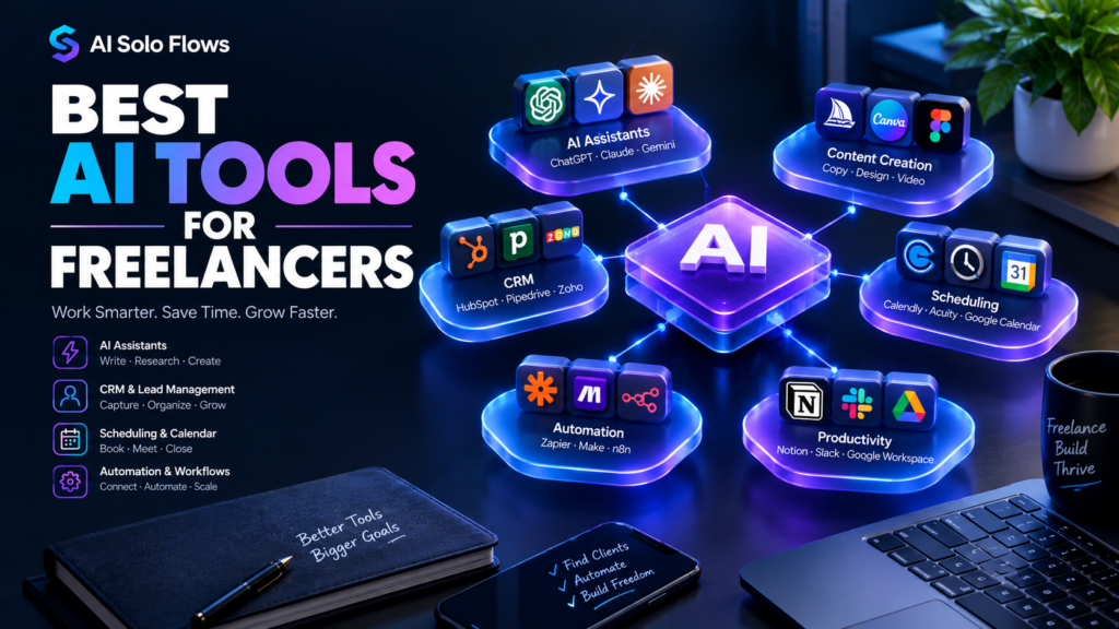 A high-contrast B2B blog thumbnail graphic titled 'BEST AI TOOLS FOR FREELANCERS' featuring a 3D isometric diagram of connected AI workflow tools including assistants, CRMs, and automation platforms