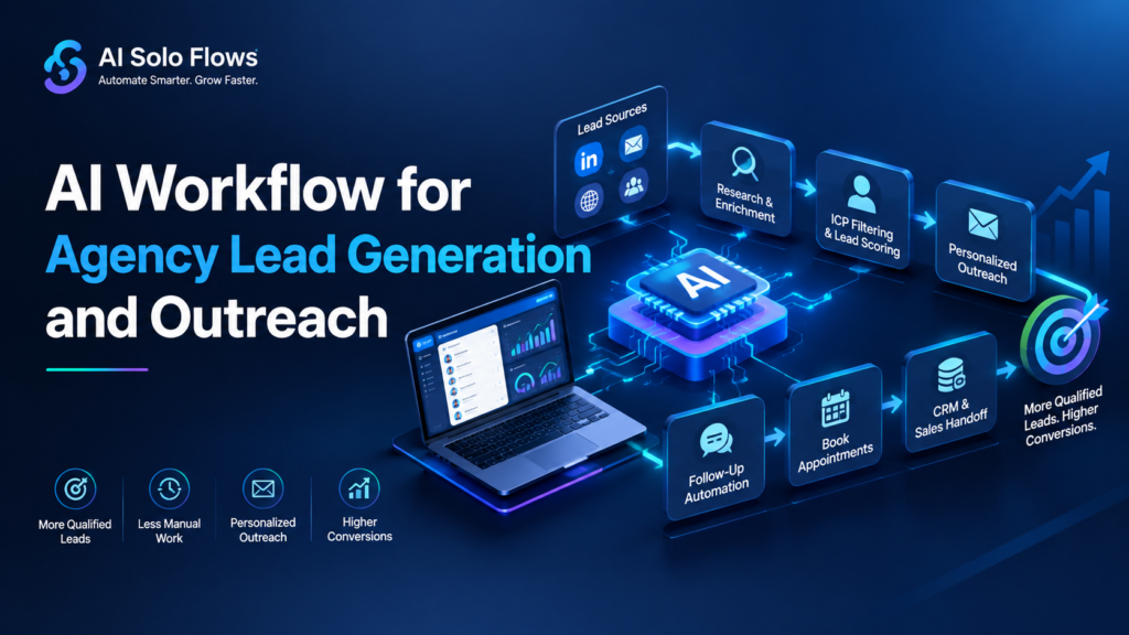 AI workflow for agency lead generation and outreach showing lead research, scoring, personalized outreach, follow-up automation, and CRM