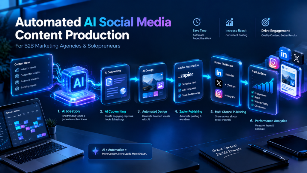 Automated AI social media content production pipeline showing a 6-stage workflow connecting ChatGPT, Claude, Canva, and Zapier scheduling to social media platforms.