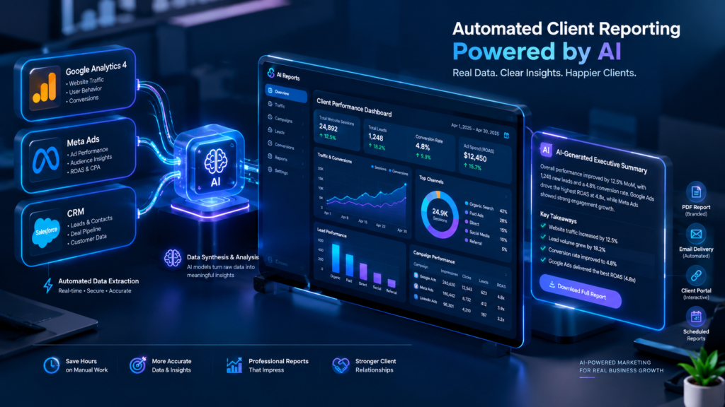 Automated AI client reporting dashboard showing multi-channel data integration from GA4 and Meta Ads into agency performance charts and executive summaries.