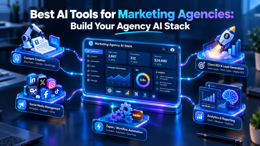 A dynamic 3D visualization of a modern marketing agency AI technology stack, showing interconnected digital tools, data analytics, and automated workflow icons on a sleek dashboard.